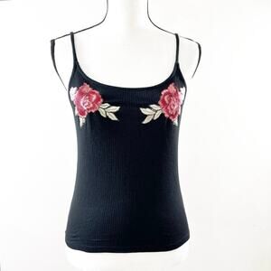 H.I.P. Black Ribbed Spaghetti Strap Tank with Floral Embroidery